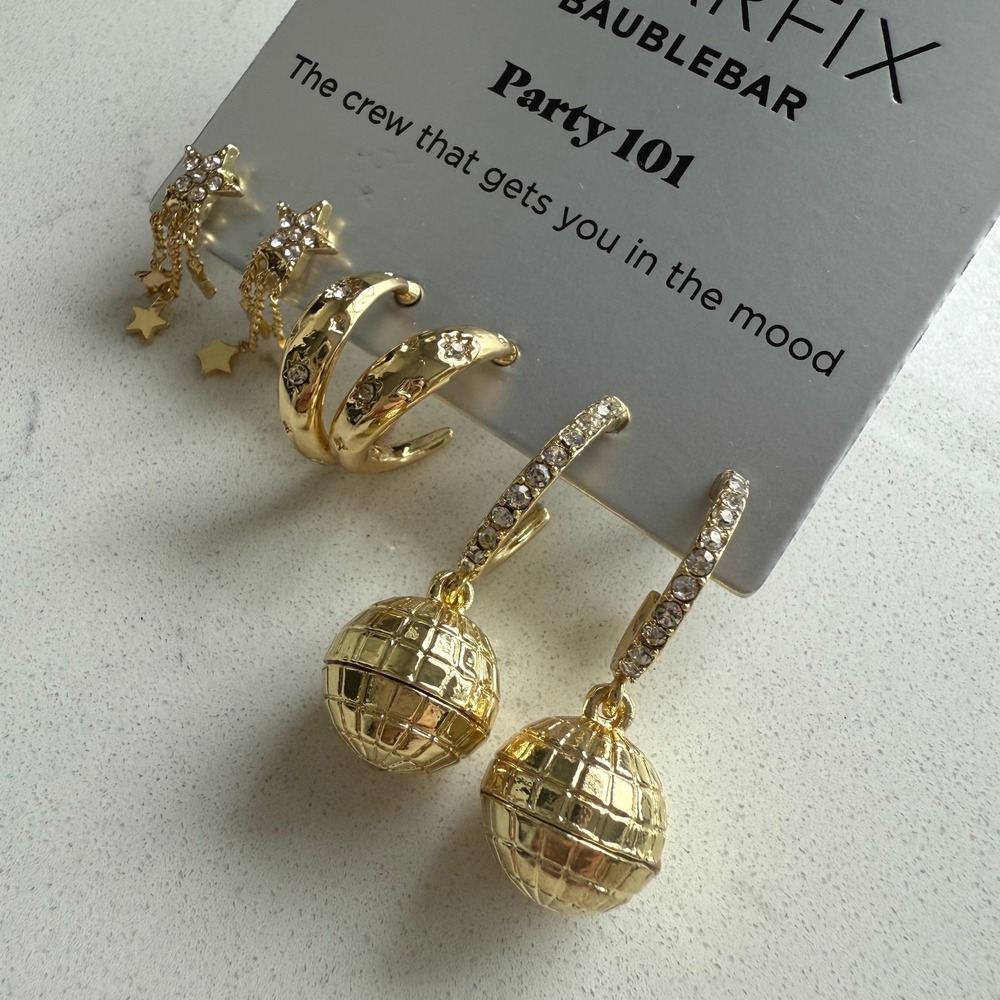 SUGARFIX by BaubleBar Party 101 New Year's Disco 3 Pair Earring Set - Gold - NWT - Picture 5 of 8
